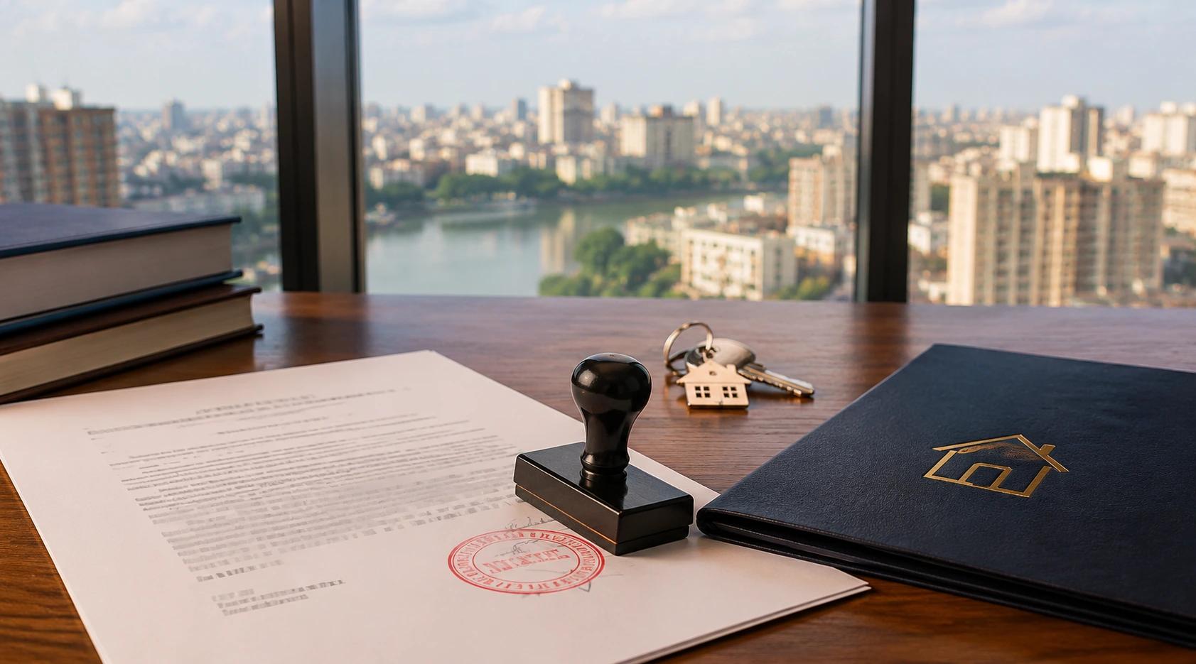 Stamp duty and property registration documents with official stamp, house model, and Kolkata skyline representing property registration in West Bengal.